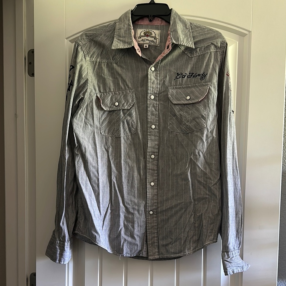 ED Hardy Gray Striped Men's Shirt